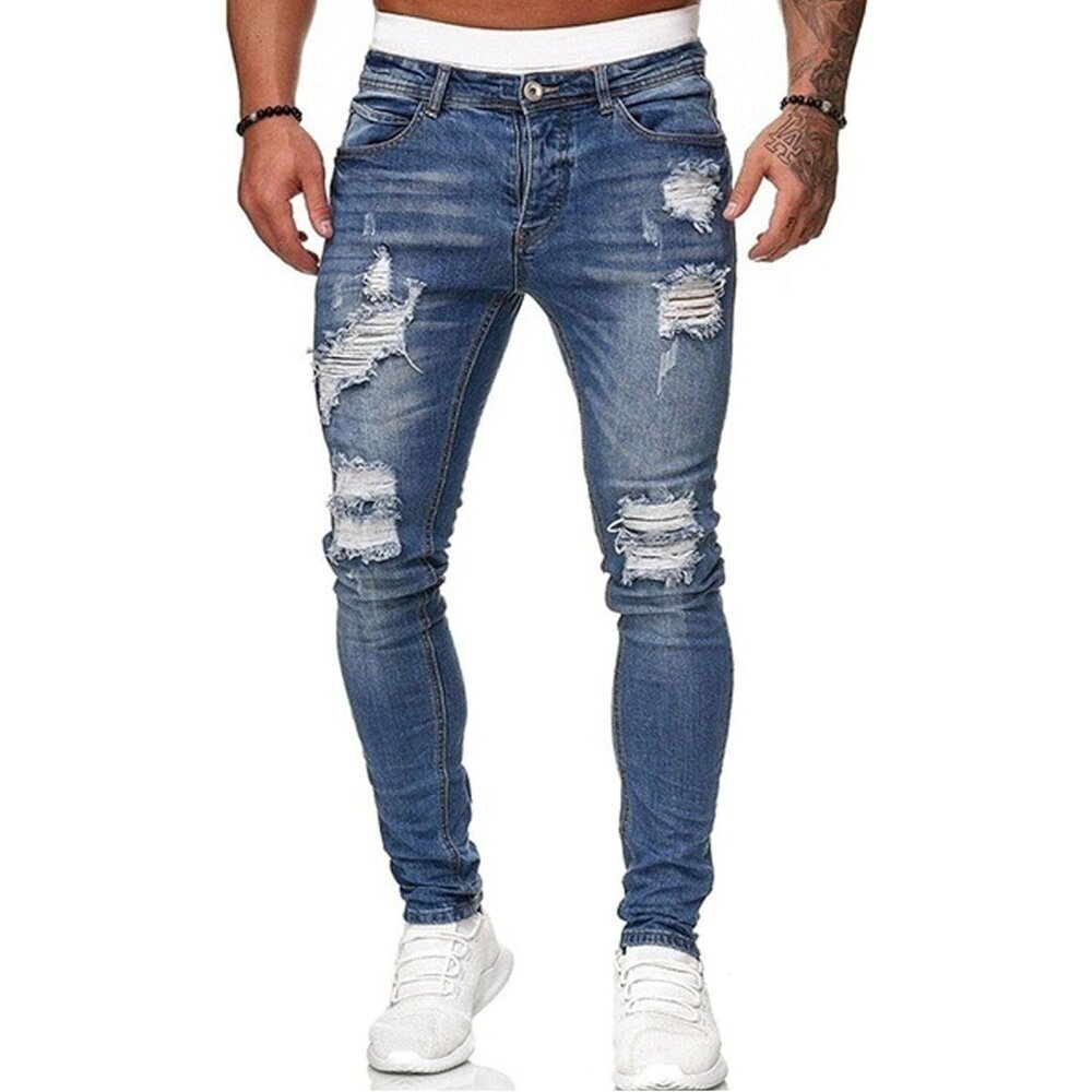 Men's Blue Slim Fit Jeans Stretch Destroyed Ripped Skinny Jeans Side Striped Den